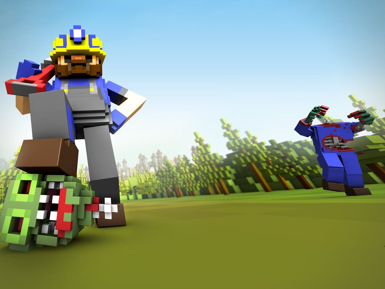 Block-built green battlefield with an Ace of Spades engineer facing a zombie soldier