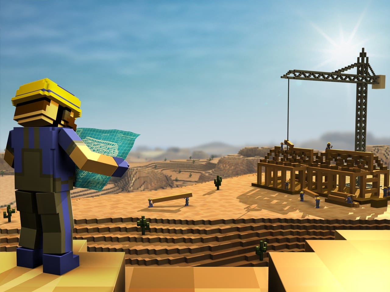 Voxel engineers building a large timber structure in Ace of Spades Battle Builder