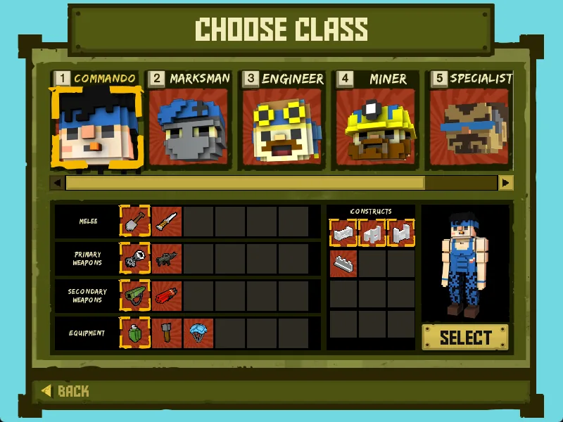 Choose Class screen showing Commando, Marksman, Engineer, Miner and Specialist cards with melee, primary, secondary and equipment slots