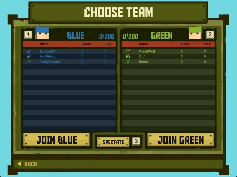 Choose Team screen with Blue and Green team rosters, Join Blue, Spectate and Join Green buttons