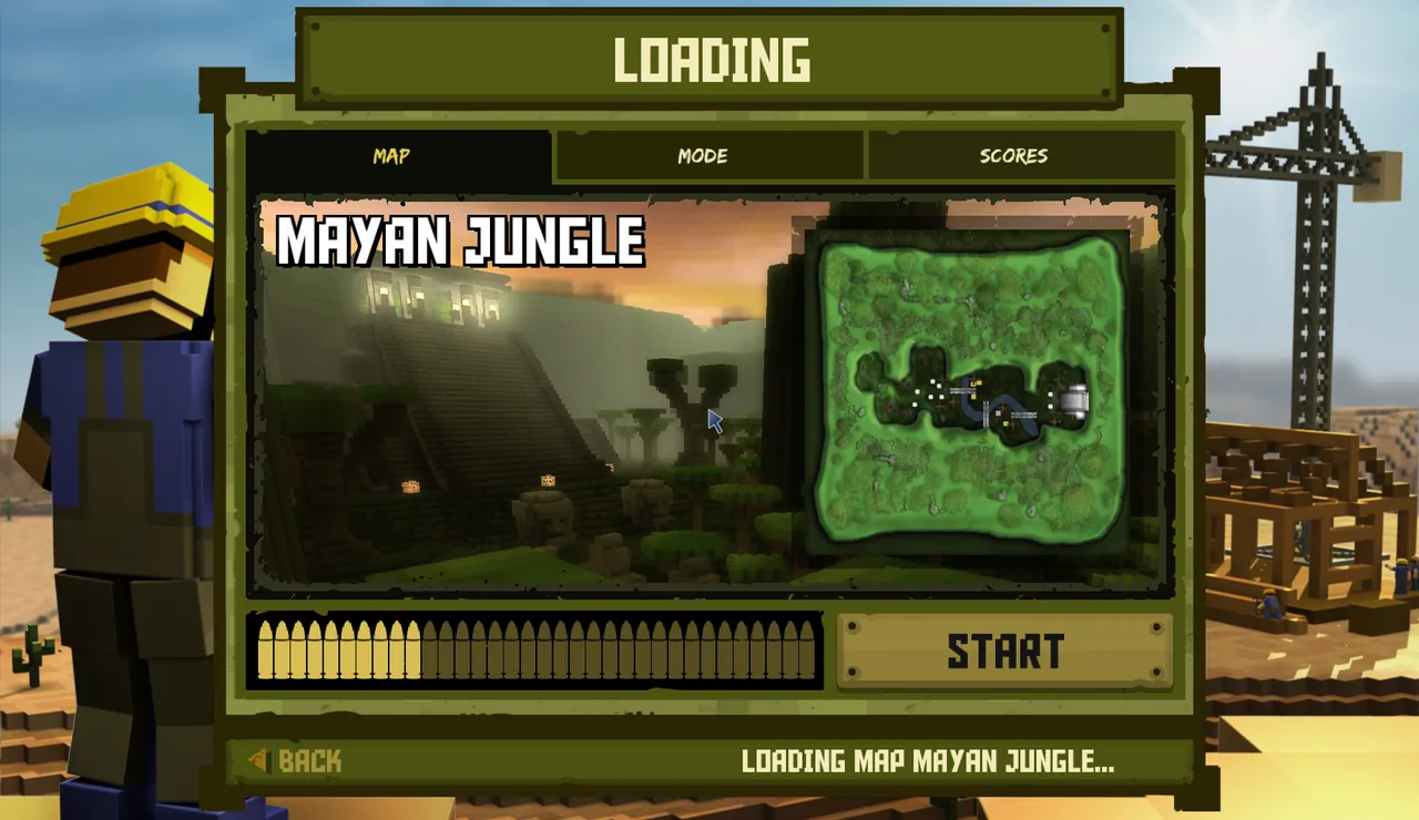 Loading screen showing the Mayan Jungle map preview with MAP, MODE and SCORES tabs and a START button