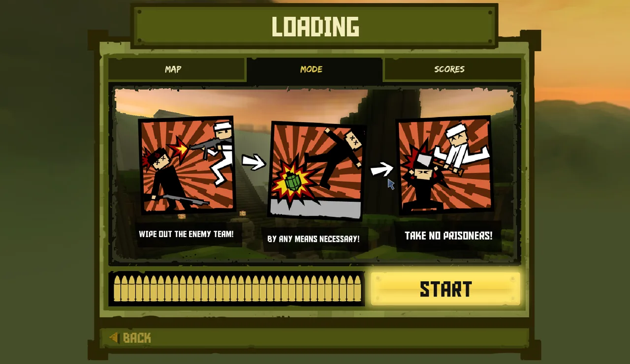 Loading screen MODE tab explaining Team Deathmatch with three comic panels