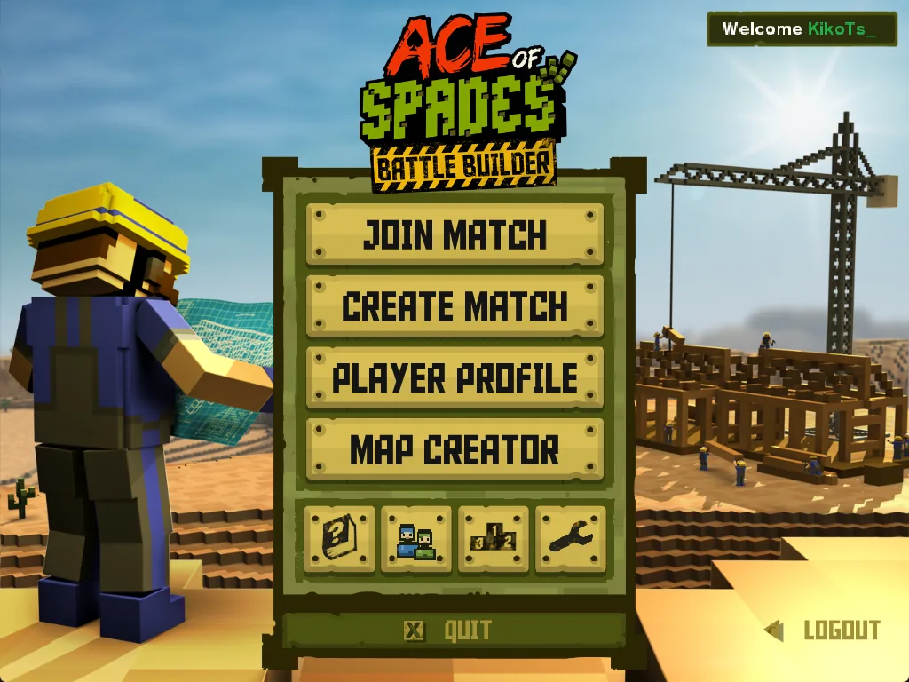 BattleSpades main menu with Join Match, Create Match, Player Profile and Map Creator buttons beside a builder character