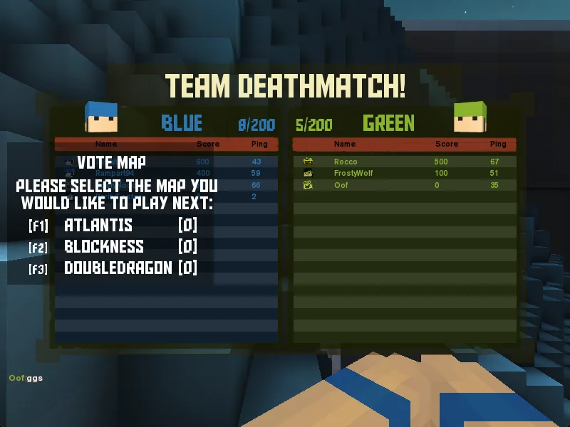 End of round Team Deathmatch results with a map vote: F1 Atlantis, F2 Blockness, F3 Double Dragon