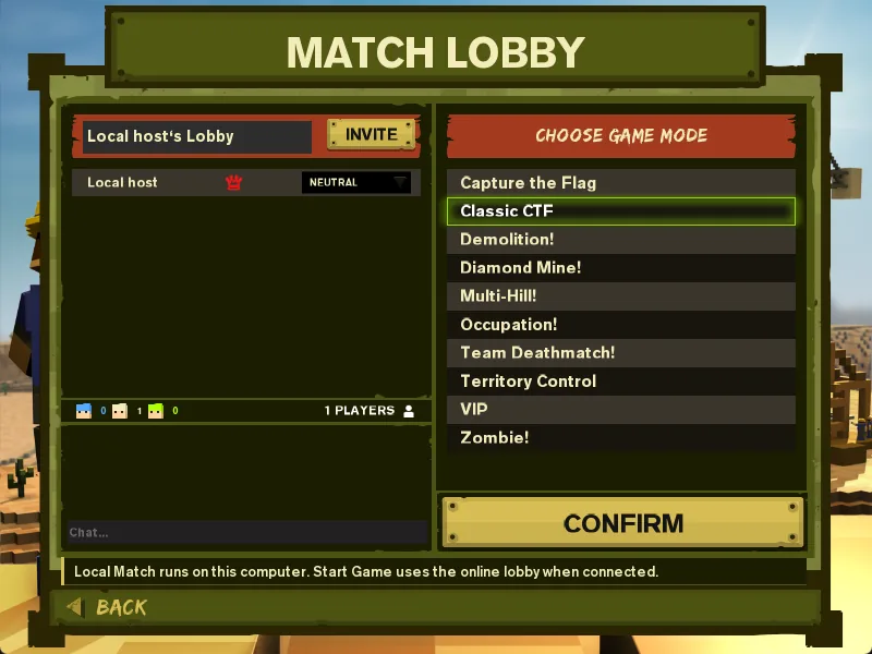 Match Lobby game mode picker listing Capture the Flag, Classic CTF, Demolition, Diamond Mine, Multi Hill, Occupation, Team Deathmatch, Territory Control, VIP and Zombie