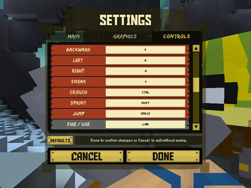 Settings screen, CONTROLS tab, movement bindings: backward S, left A, right D, sneak V, crouch Ctrl, sprint Shift, jump Space