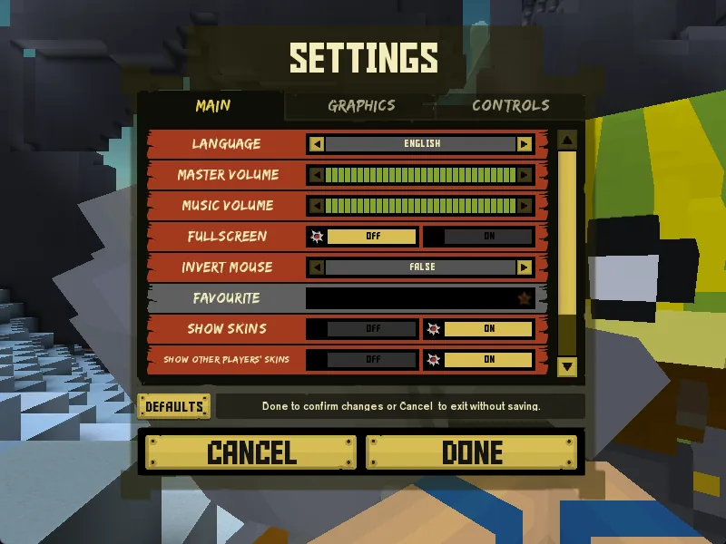 Settings screen, MAIN tab, showing language, master volume, music volume, fullscreen, invert mouse and skin options