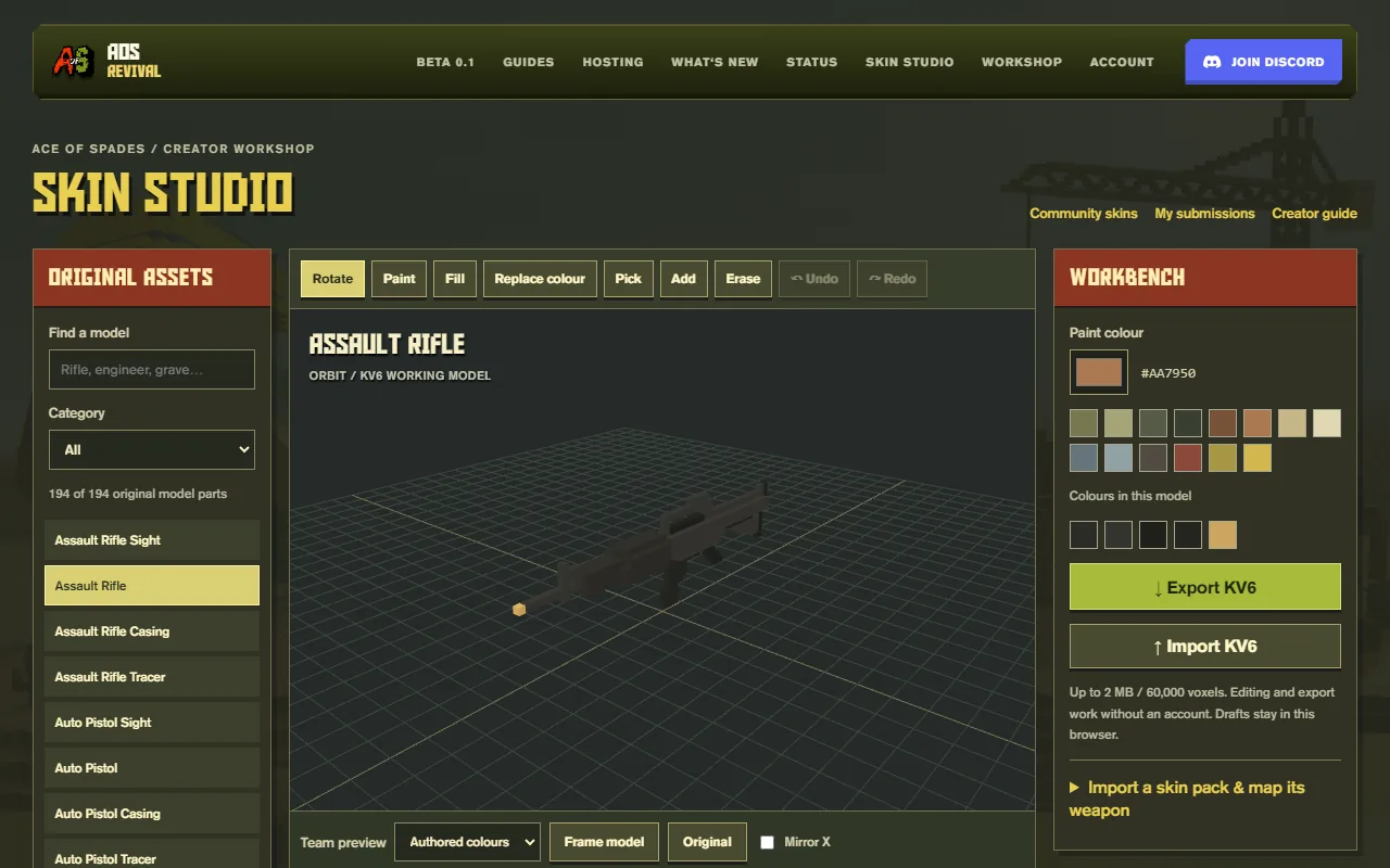 The browser Skin Studio editing a voxel weapon model
